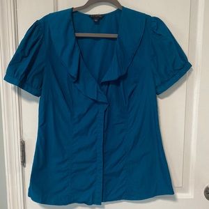 Banana Republic Teal Short Sleeve Ruffle Collar Top